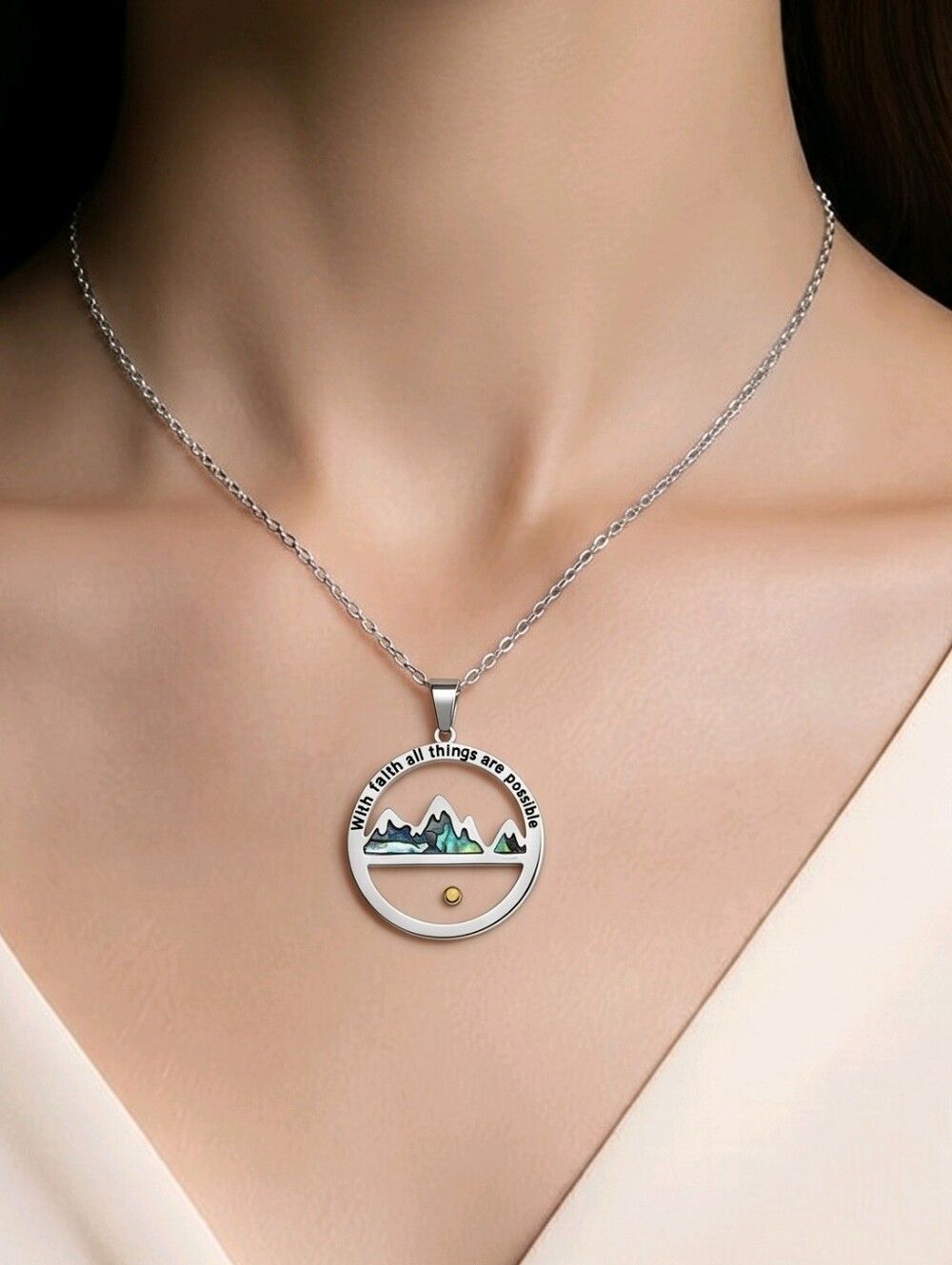 Mustard Seed Faith Mountain Pendant Necklace Silver Stainless Steel Dainty Gift